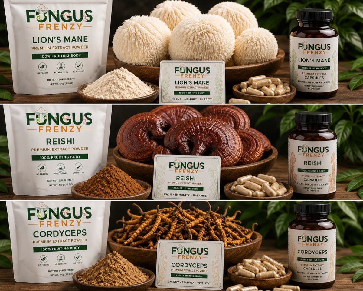 The Fungus Frenzy range — Lion's Mane, Reishi and Cordyceps extracts, capsules and powders